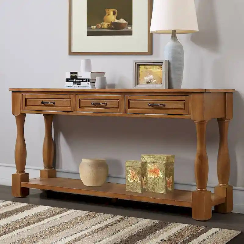 Table console en bois massif de 63 po avec 3 tiroirs et 1 étagère inférieure