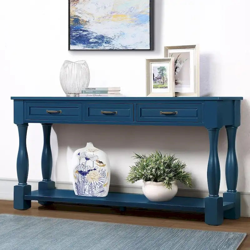 Table console en bois massif de 63 po avec 3 tiroirs et 1 étagère inférieure