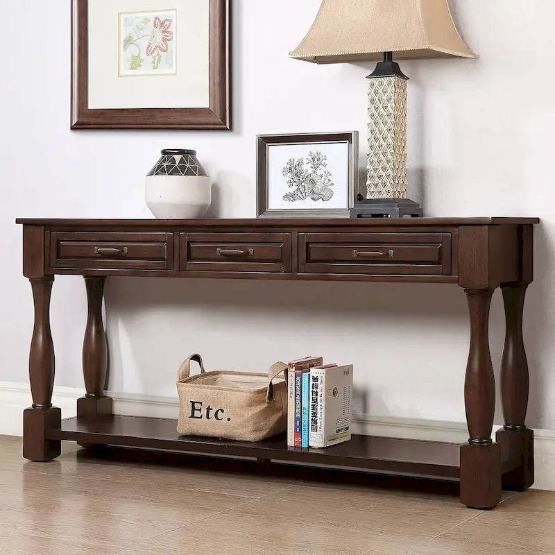 Table console en bois massif de 63 po avec 3 tiroirs et 1 étagère inférieure