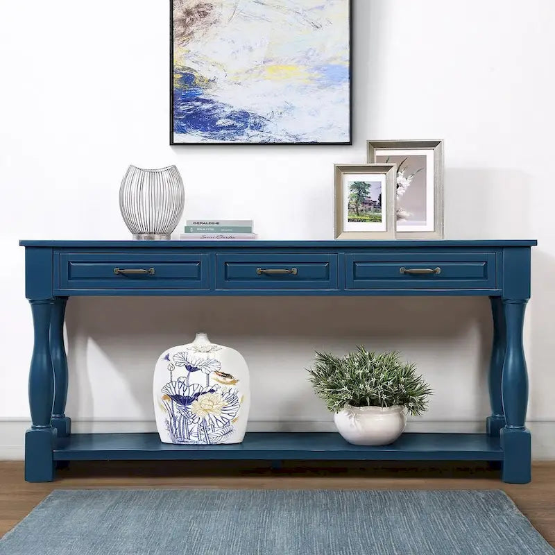 Table console en bois massif de 63 po avec 3 tiroirs et 1 étagère inférieure