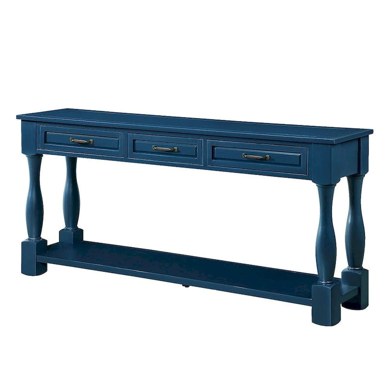 Table console en bois massif de 63 po avec 3 tiroirs et 1 étagère inférieure