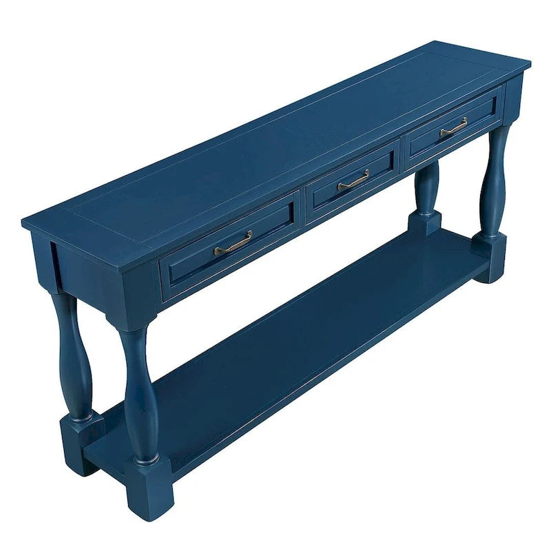 Table console en bois massif de 63 po avec 3 tiroirs et 1 étagère inférieure
