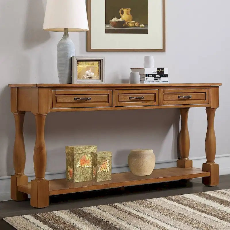Table console en bois massif de 63 po avec 3 tiroirs et 1 étagère inférieure