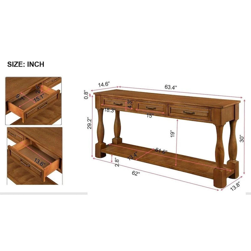 Table console en bois massif de 63 po avec 3 tiroirs et 1 étagère inférieure