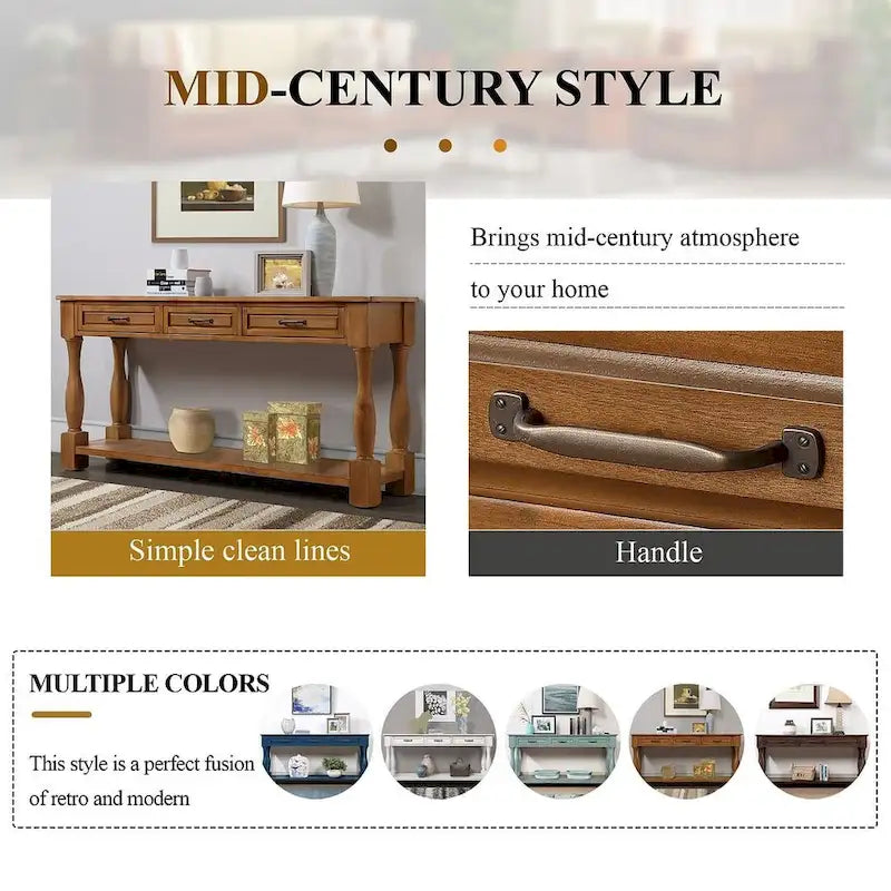 Table console en bois massif de 63 po avec 3 tiroirs et 1 étagère inférieure
