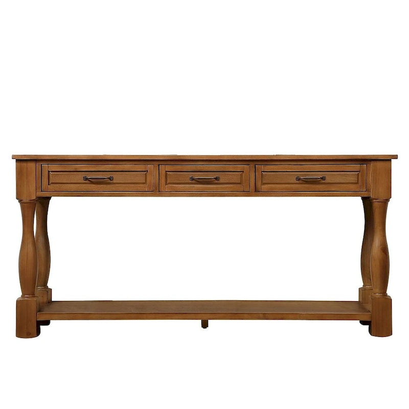Table console en bois massif de 63 po avec 3 tiroirs et 1 étagère inférieure