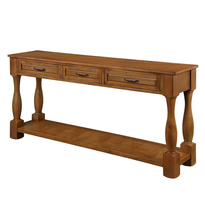 Table console en bois massif de 63 po avec 3 tiroirs et 1 étagère inférieure