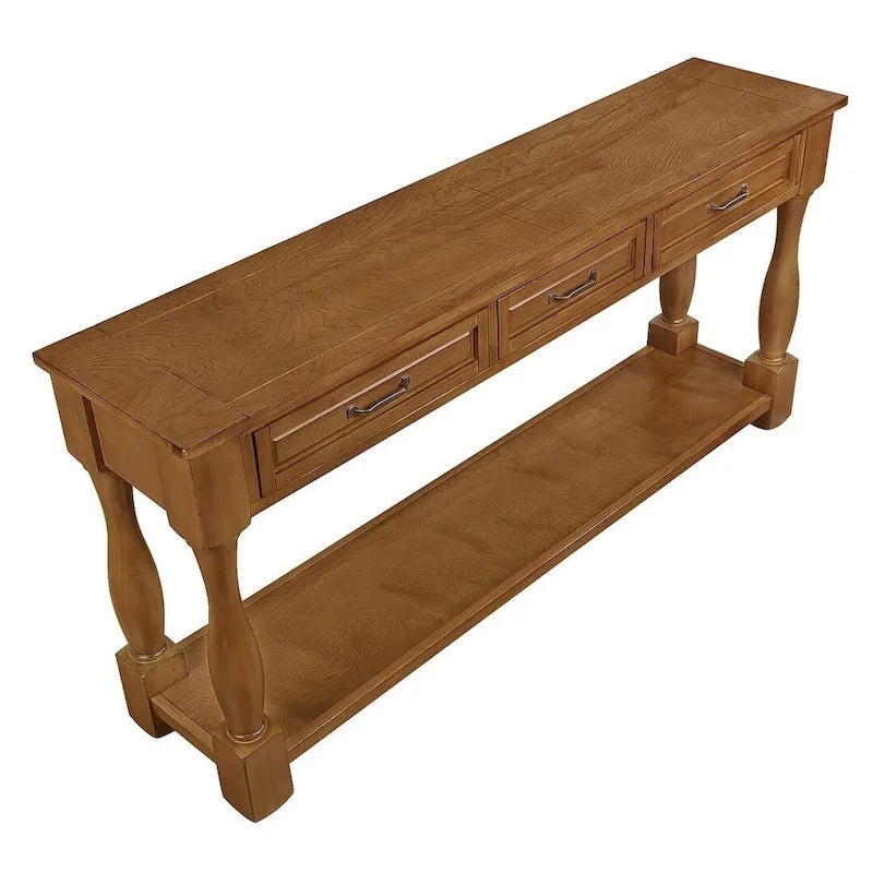 Table console en bois massif de 63 po avec 3 tiroirs et 1 étagère inférieure