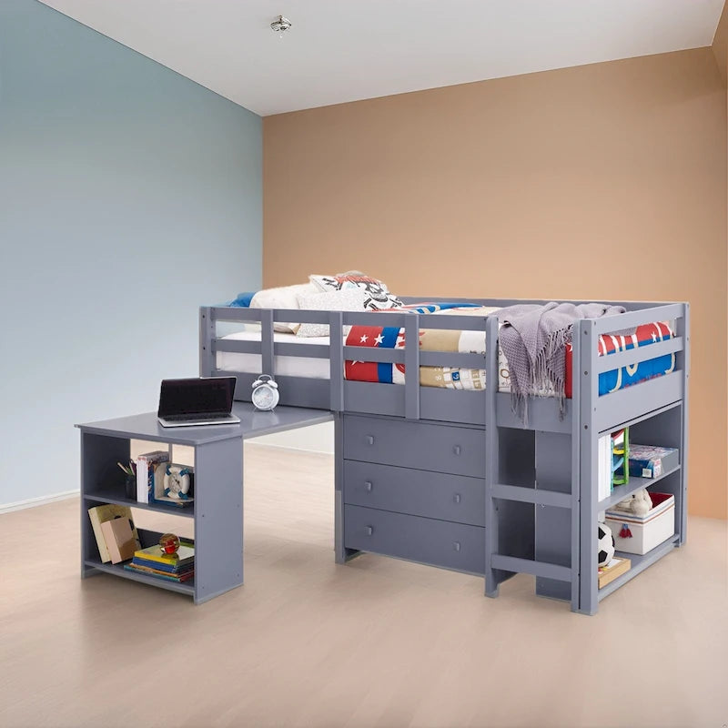 Lit mezzanine simple bas avec bureau et rangement - Lit mezzanine pour enfants en pin avec armoire et espace d'étude
