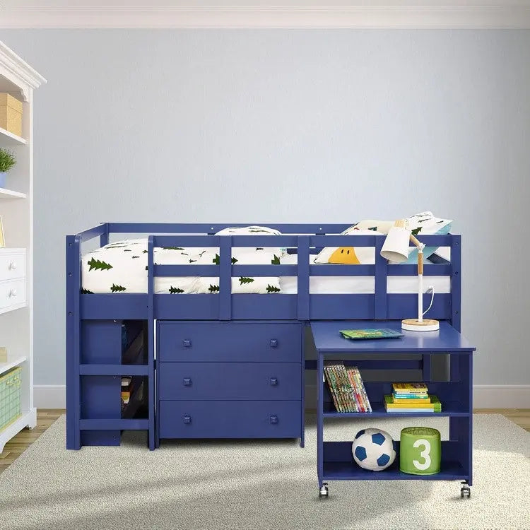 Lit mezzanine simple bas avec bureau et rangement - Lit mezzanine pour enfants en pin avec armoire et espace d'étude
