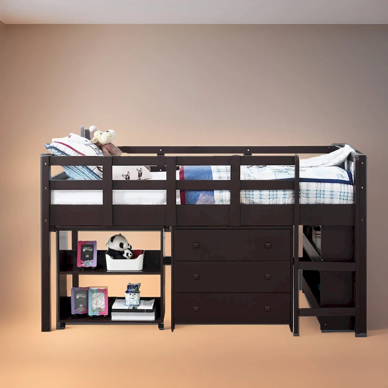 Lit mezzanine simple bas avec bureau et rangement - Lit mezzanine pour enfants en pin avec armoire et espace d'étude