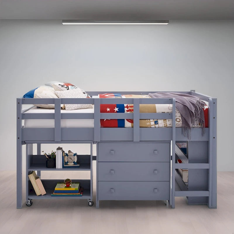 Lit mezzanine simple bas avec bureau et rangement - Lit mezzanine pour enfants en pin avec armoire et espace d'étude