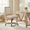 Swivel Rolling Office Chair, Beige Fabric, Weathered Light Brown Wood