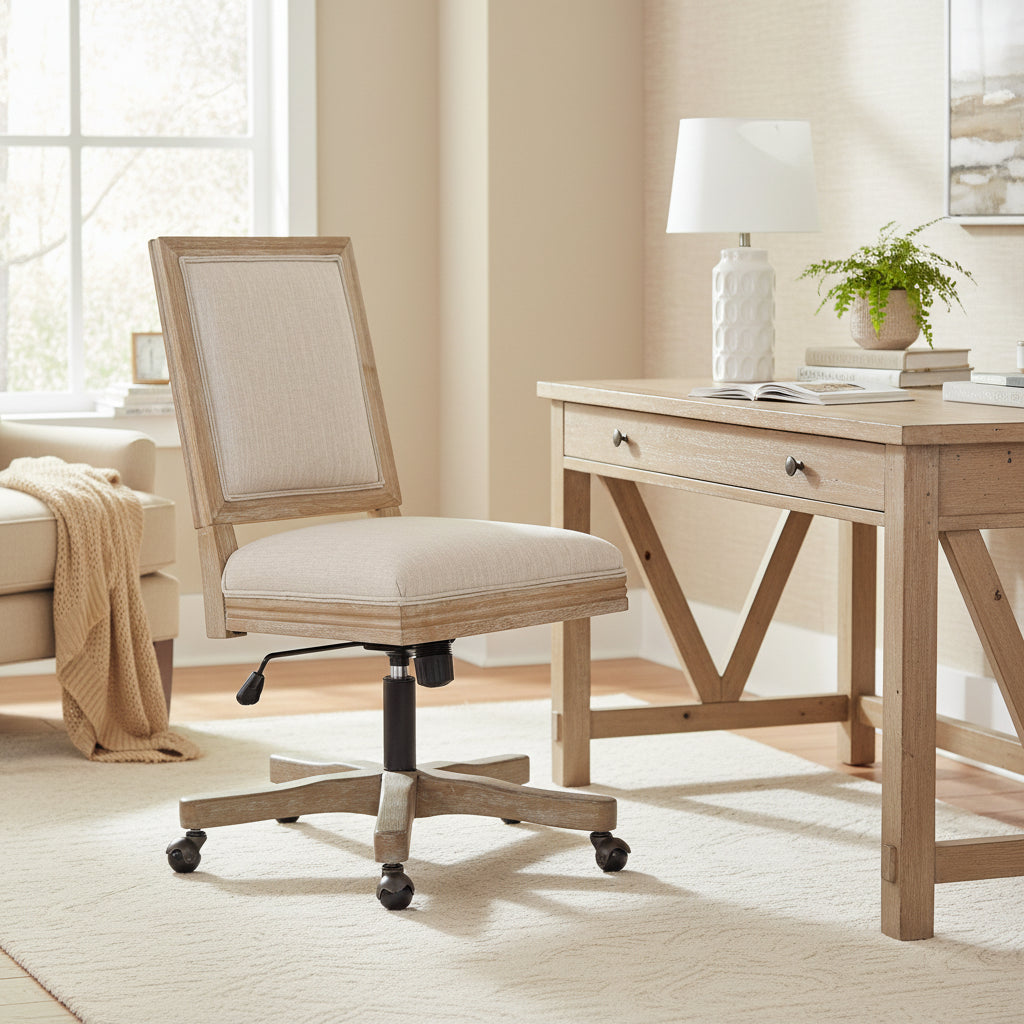 Swivel Rolling Office Chair, Beige Fabric, Weathered Light Brown Wood