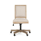 Chaise de bureau pivotante à roulettes, tissu beige, bois clair vieilli