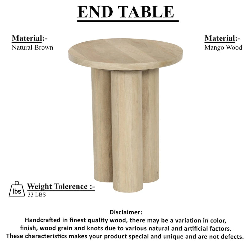 Table d'appoint ronde avec 3 pieds piliers, en bois de manguier brun naturel, 45 cm
