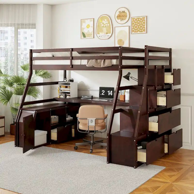 Lit mezzanine en pin avec bureau et rangements