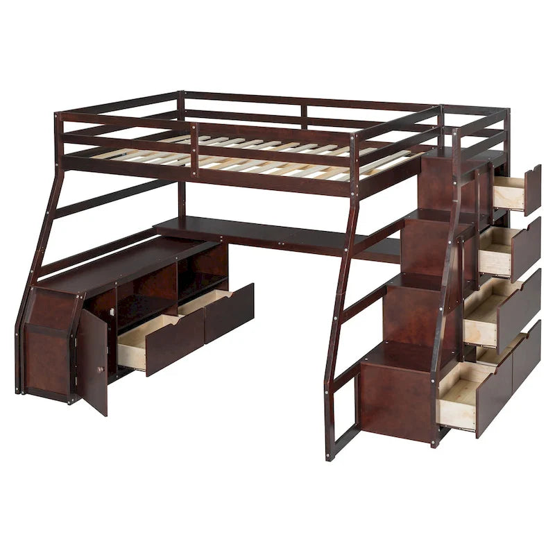 Lit mezzanine en pin avec bureau et rangements