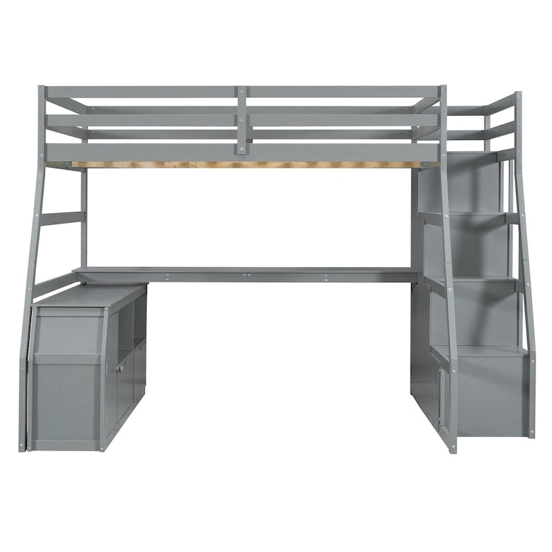 Lit mezzanine en pin avec bureau et rangements