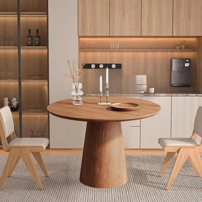 Table à manger ronde en bois naturel avec piétement conique en bois