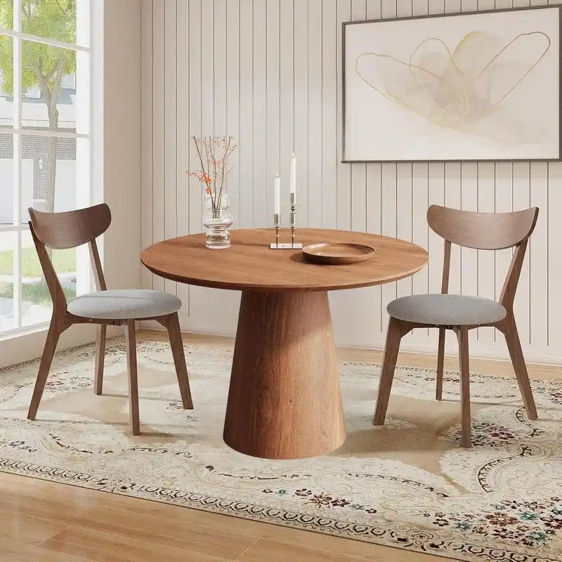 Table à manger ronde en bois naturel avec piétement conique en bois