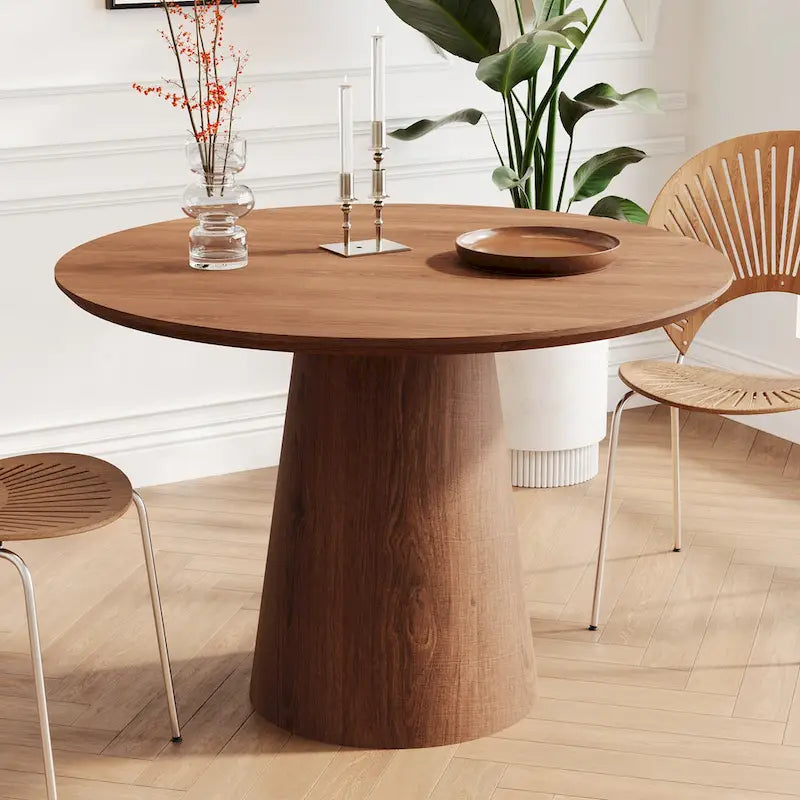 Table à manger ronde en bois naturel avec piétement conique en bois