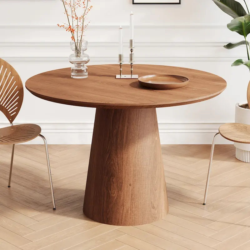 Table à manger ronde en bois naturel avec piétement conique en bois
