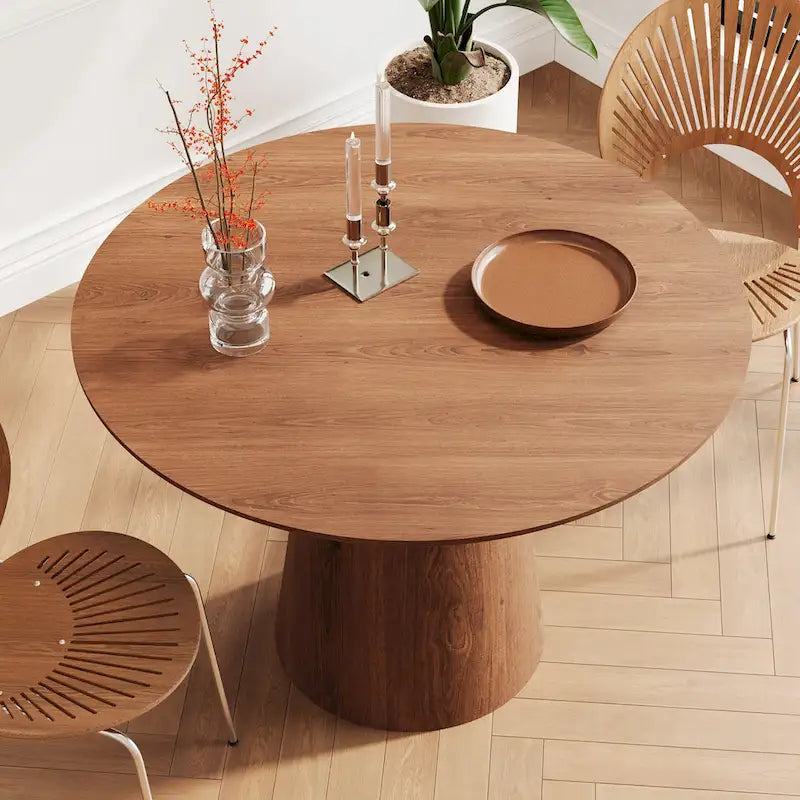 Table à manger ronde en bois naturel avec piétement conique en bois
