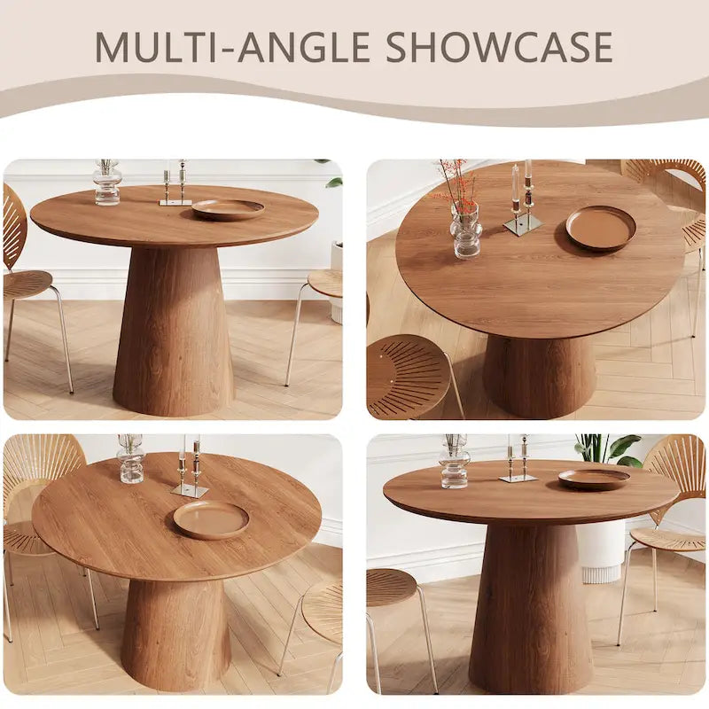 Table à manger ronde en bois naturel avec piétement conique en bois