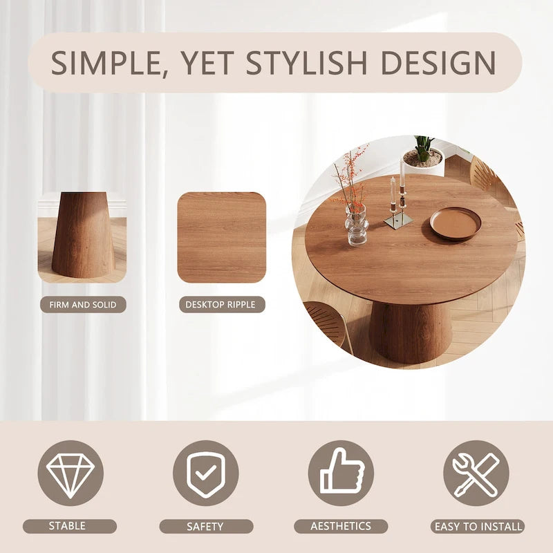 Table à manger ronde en bois naturel avec piétement conique en bois