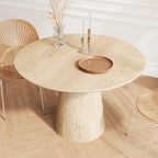 Table à manger ronde en bois naturel avec piétement conique en bois
