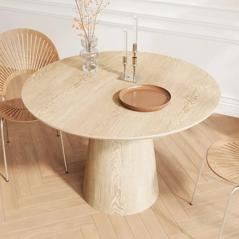 Table à manger ronde en bois naturel avec piétement conique en bois