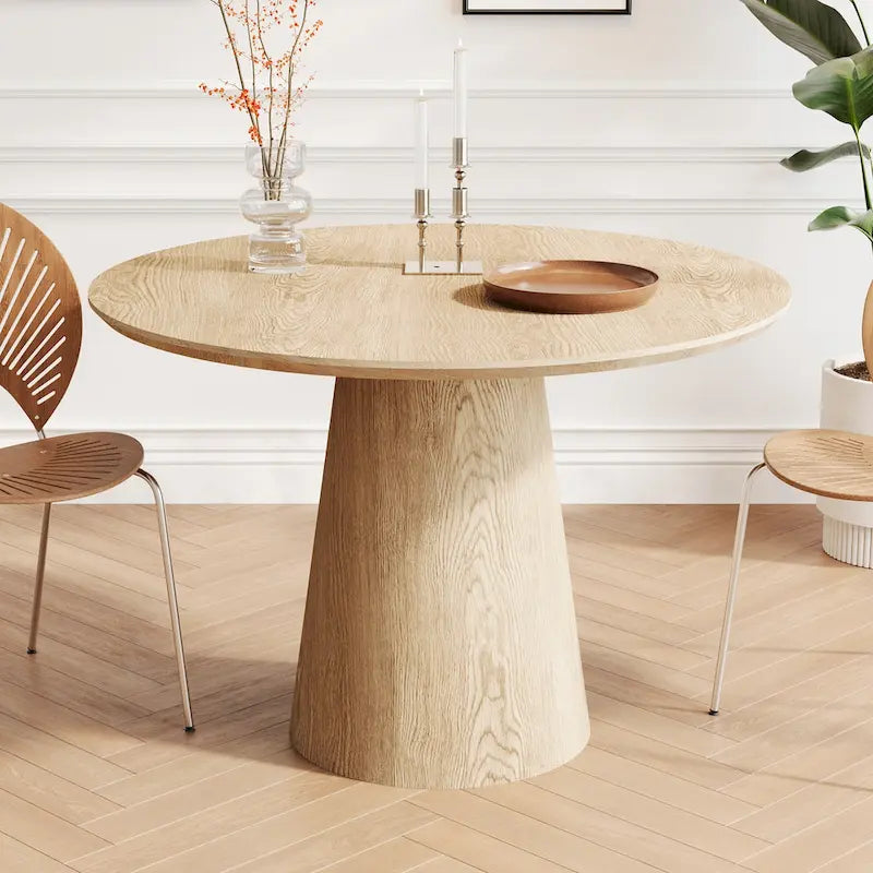 Table à manger ronde en bois naturel avec piétement conique en bois