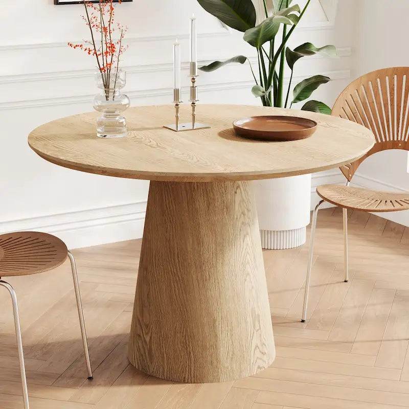 Table à manger ronde en bois naturel avec piétement conique en bois