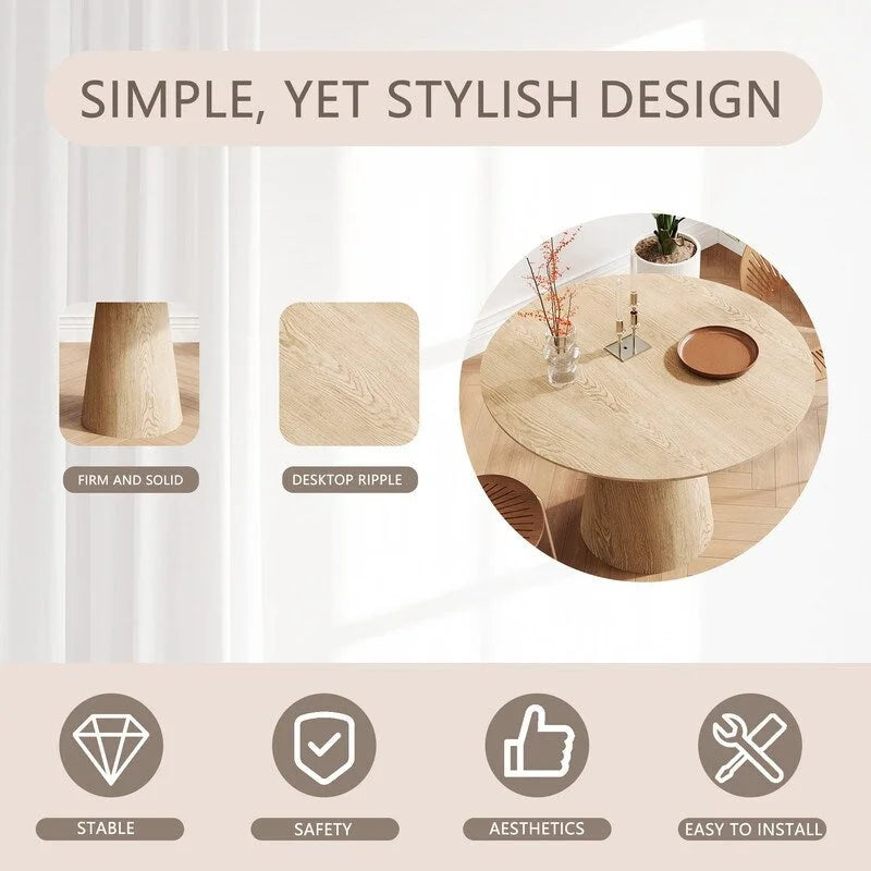 Table à manger ronde en bois naturel avec piétement conique en bois