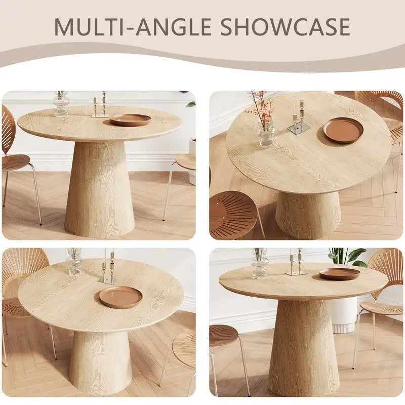 Table à manger ronde en bois naturel avec piétement conique en bois