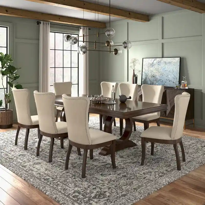 Table à manger extensible en bois de cerisier foncé et tissu beige