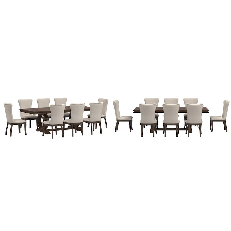 Table à manger extensible en bois de cerisier foncé et tissu beige