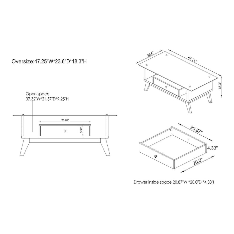 Table basse moderne en verre de 47 pouces avec étagère
