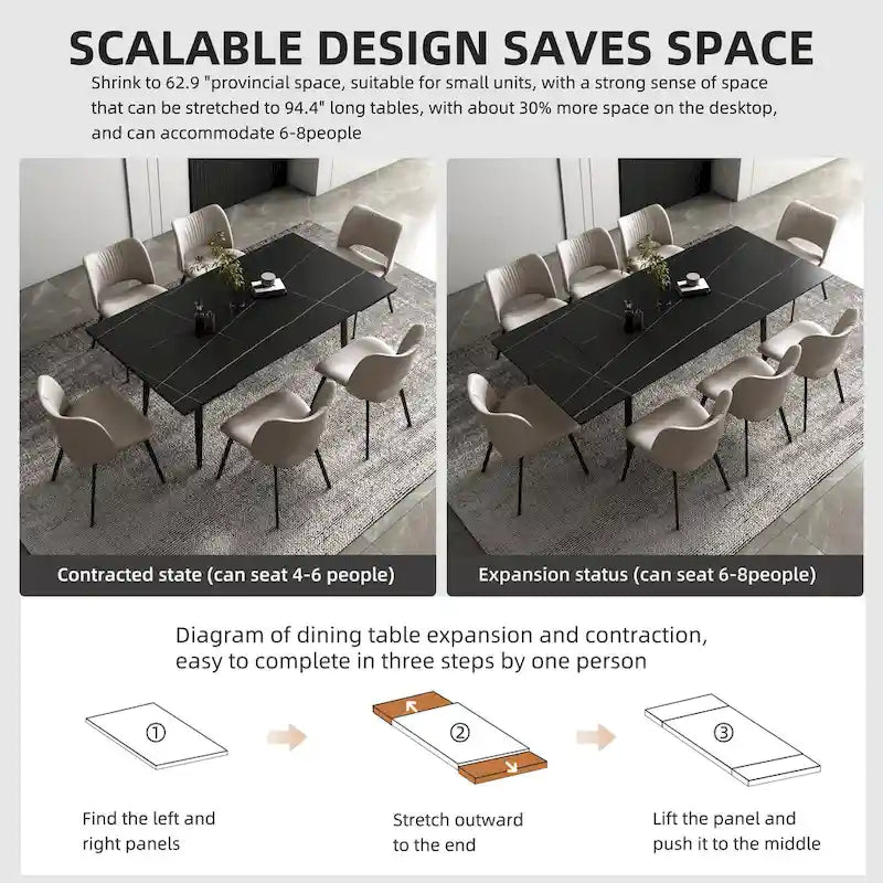 Table de salle à manger extensible avec plateau en pierre sintérisée, de 160 cm à 240 cm