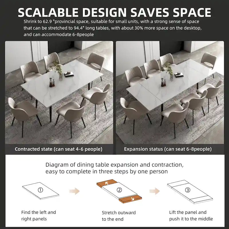 Table de salle à manger extensible avec plateau en pierre sintérisée, de 160 cm à 240 cm