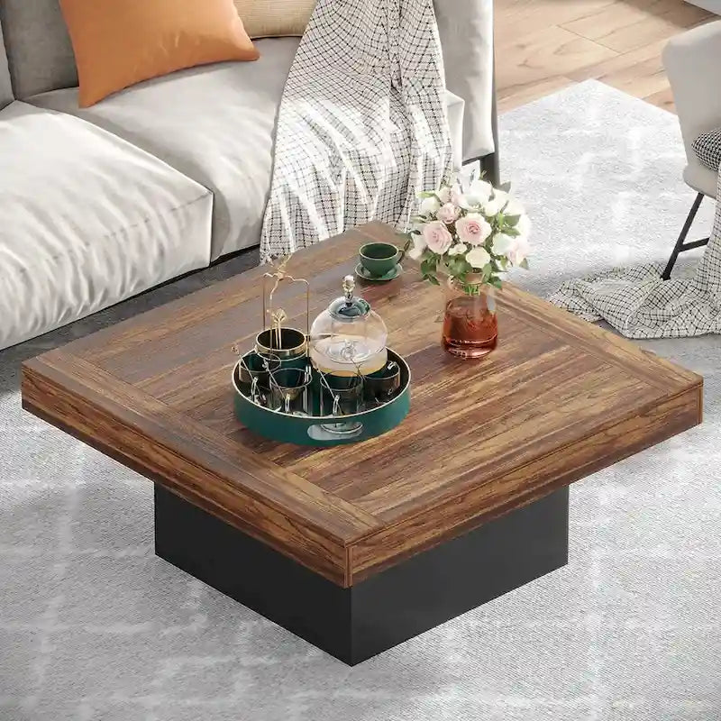 Table basse carrée LED de style fermette en bois composite pour salon
