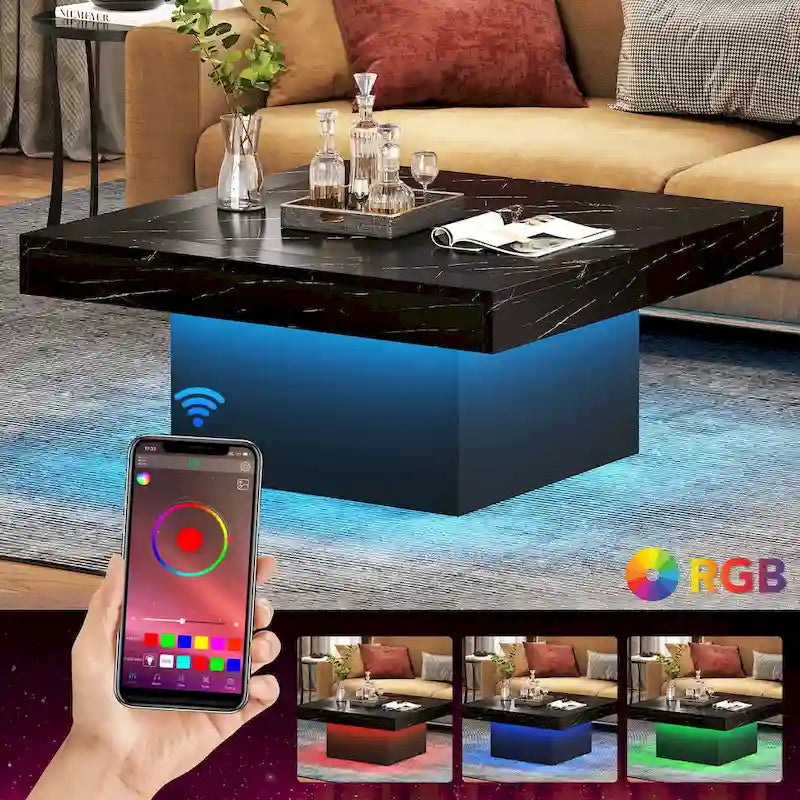 Table basse carrée LED de style fermette en bois composite pour salon