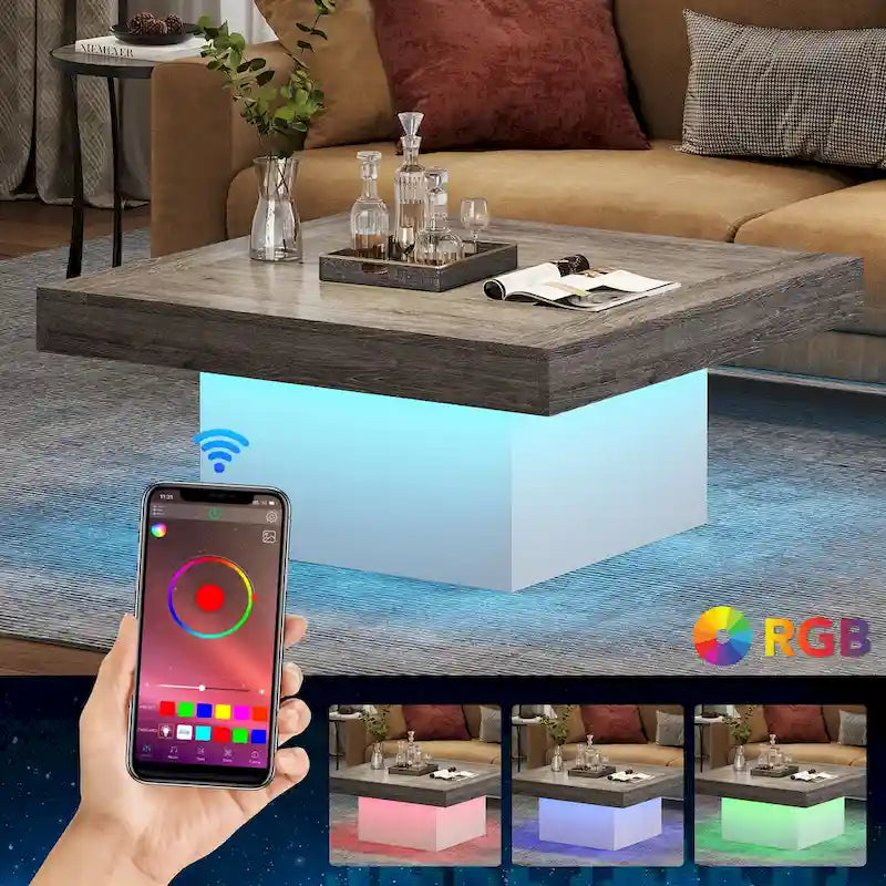 Table basse carrée LED de style fermette en bois composite pour salon