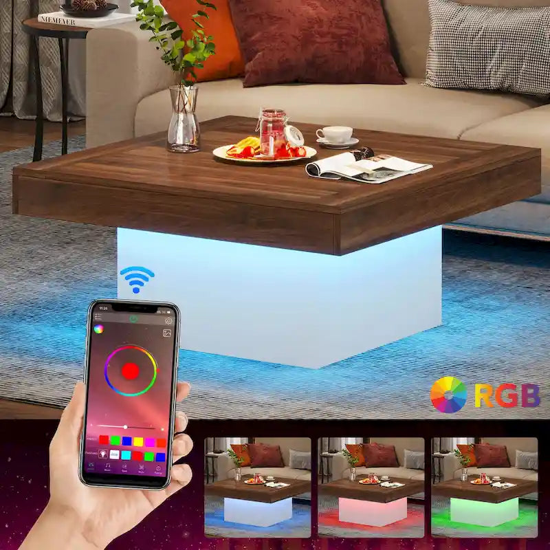 Table basse carrée LED de style fermette en bois composite pour salon