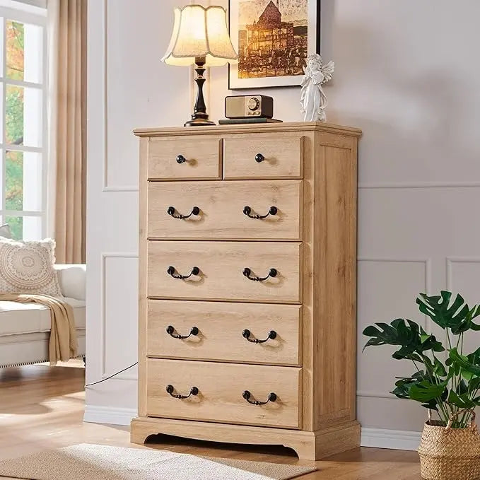Commode vintage en bois à 6 tiroirs, style rustique