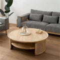 Table basse ronde en bois à deux niveaux avec base en rotin