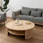 Table basse ronde en bois à deux niveaux avec base en rotin