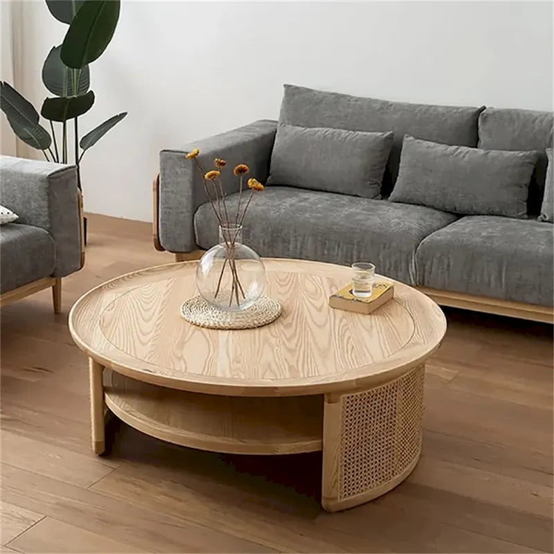 Table basse ronde en bois à deux niveaux avec base en rotin