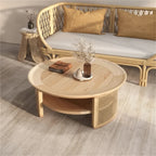 Table basse ronde en bois à deux niveaux avec base en rotin